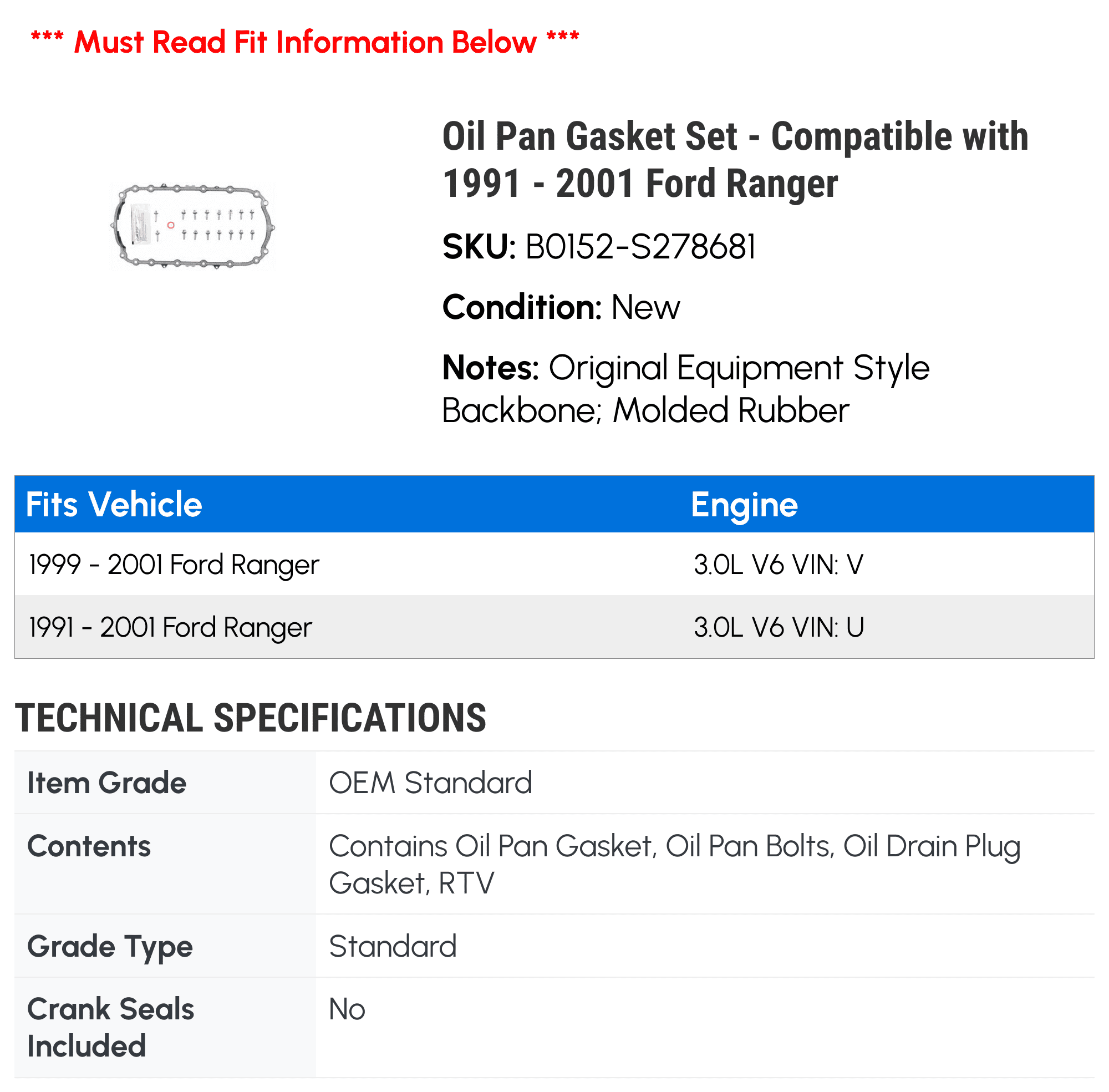Oil Pan Gasket Set - Compatible with 1991 - 2001 Ford Ranger 1992 1993 1994 1995 1996 1997 1998 1999 2000