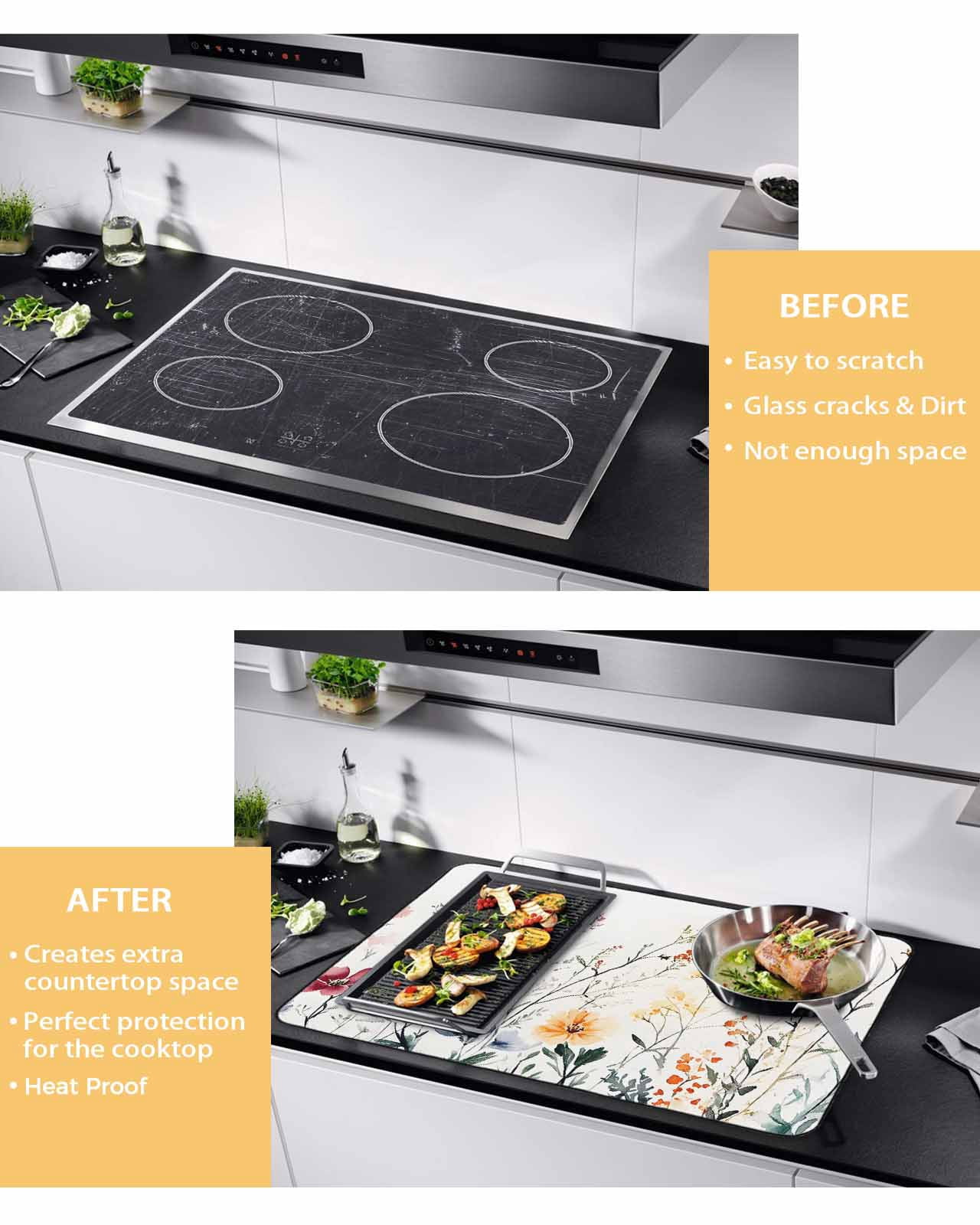nqOlkjepod Large Induction Cooktop Protector Mat 24"x21", Botanical Floral Stove Top Covers for Electric Stove, Spring Summer Farmhouse Flowers Stove Burner Cover Mats, Glass Top Stove Cover