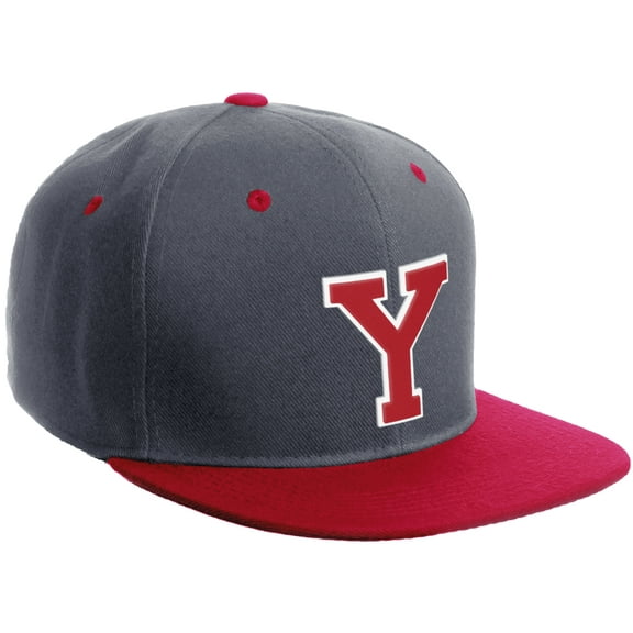 Daxton Classic Snapback Hat Custom A to Z Initial Varsity Letters, Charcoal Red Hat White Red Letter Y