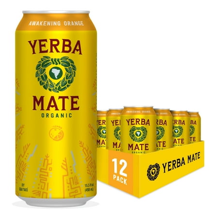 Guayakí Yerba Mate, Organic Energy Drink Alternative, Awakening Orange, 150mg Natural Plant Based Caffeine, Better for You Energy, No Jitters or Crash, 15.5 Oz (Pack of 12)