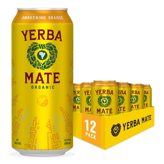 Guayakí Yerba Mate, Organic Energy Drink Alternative, Awakening Orange, 150mg Natural Plant Based Caffeine, Better for You Energy, No Jitters or Crash, 15.5 Oz (Pack of 12)