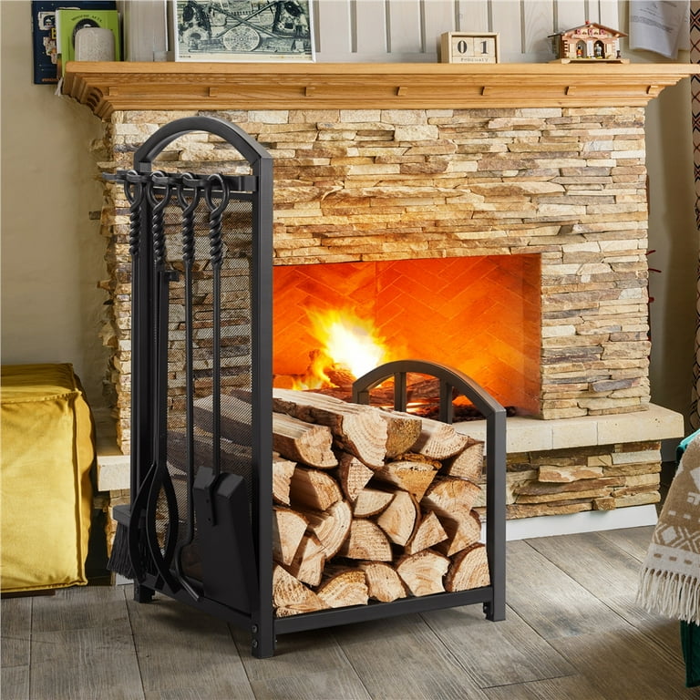Yaheetech Fireplace Rack with 4 Tools and Log Holder for Indoor and  Outdoor, Black - Walmart.com