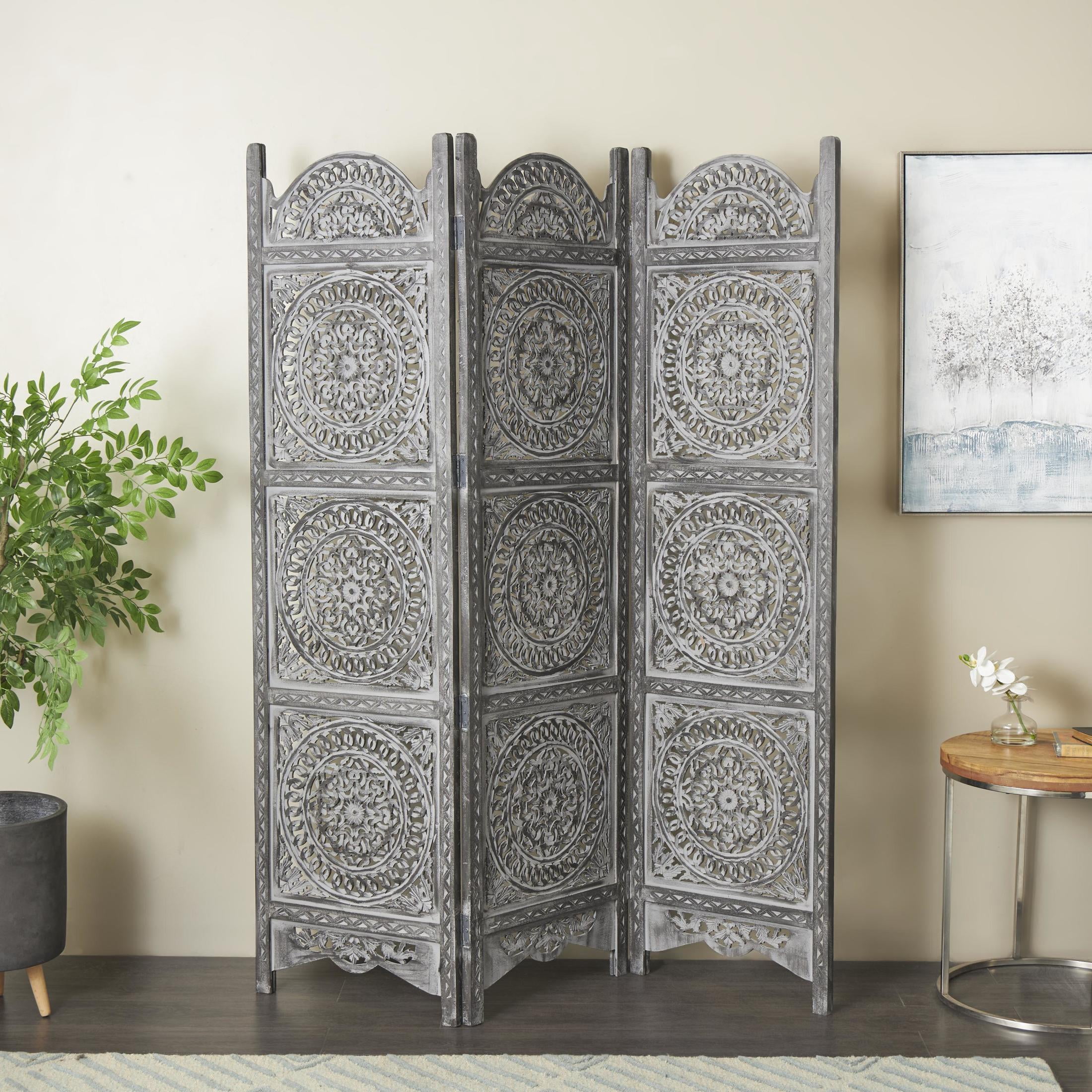 DecMode 60" x 72" Black Wood Floral Handmade Foldable Partition 3 Panel Room Divider Screen with Carved Designs, 1-Piece