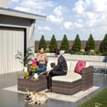thumbnail image 6 of 5 Piece Deck Patio Furniture Set Outdoor Rattan Parlor Sofa Set All Weather Sectional Sofa with Glass Storage Table and Balcony Footstool Non-Slip Cushions Poolside Garden Porch Brown + Beige, 6 of 7