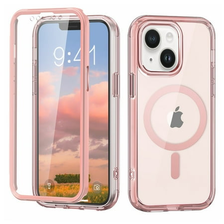 for iPhone 15 Case Magnetic, [Compatible with Magsafe] Built-in Screen Protector Shockproof Dustproof Crystal Clear Anti-Scratch Folio Flip Phone Case for iPhone 15, Pink