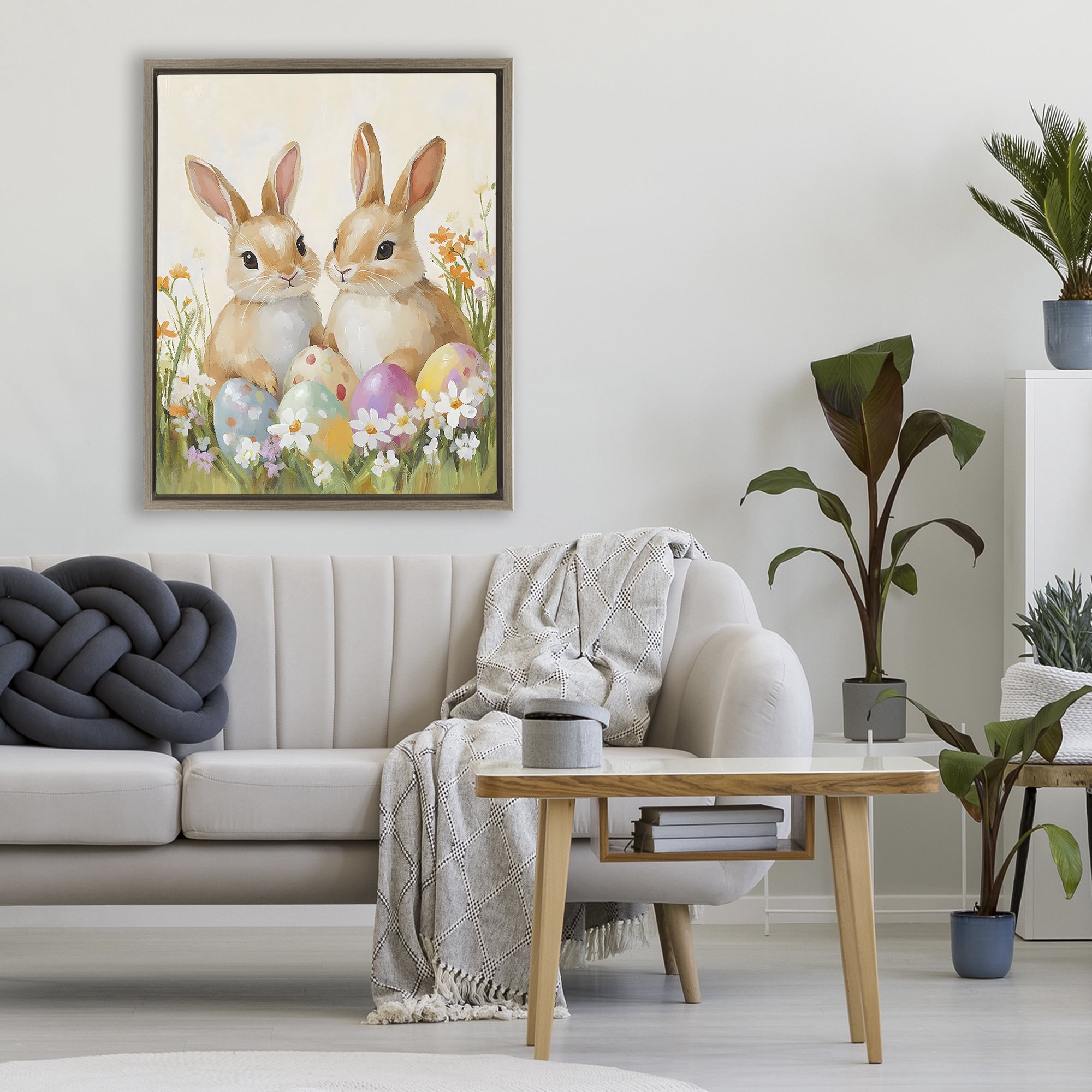 Stupell Industries Bunnies with Painted Easter Eggs Brown Framed Floater Canvas Wall Art, design by The Prints Vibe