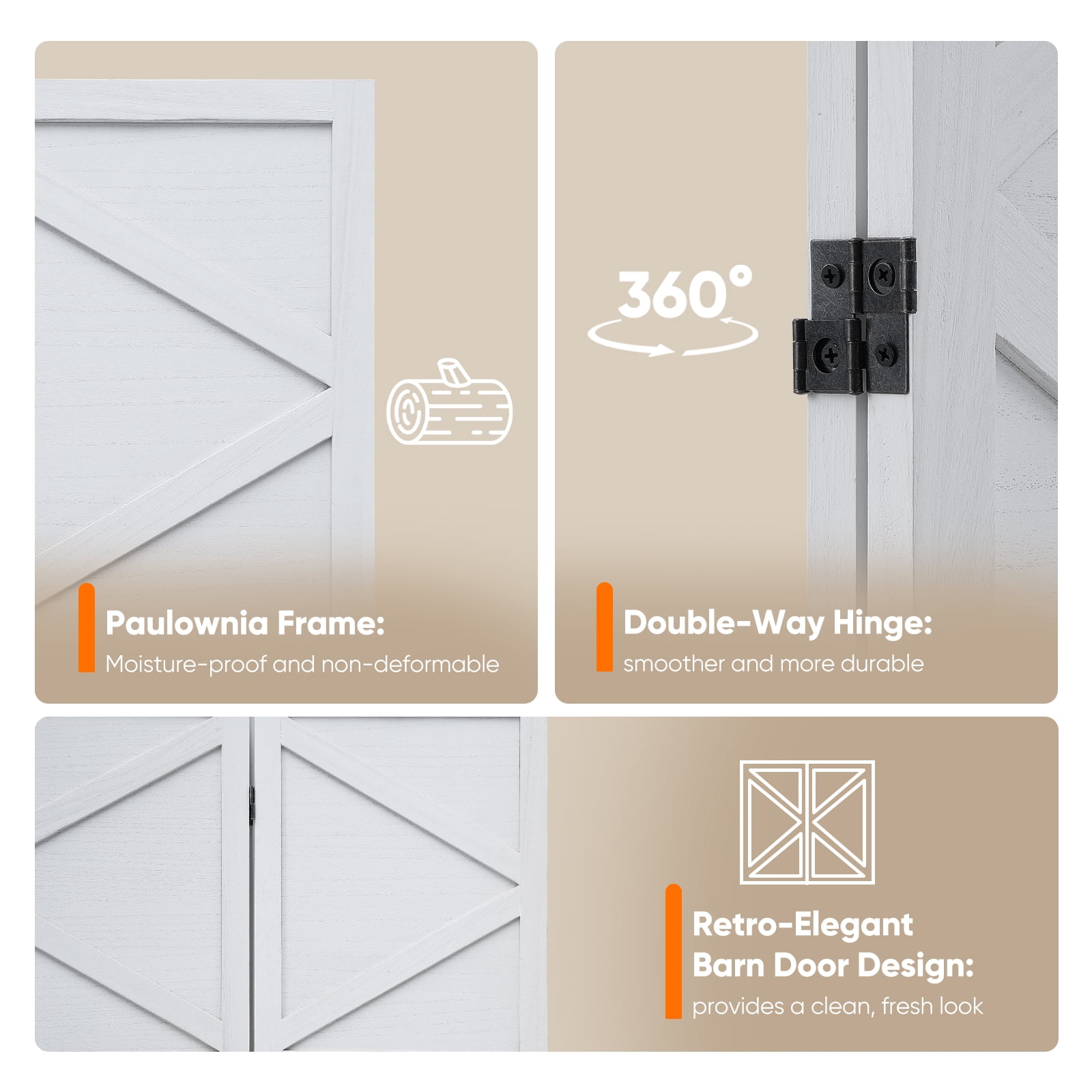 Jostyle 4 Panel Room Divider Privacy Screen with Storage Shelves - Foldable Partition with Natural Paulownia Wood Frame for Living Room, Bedroom, Office White