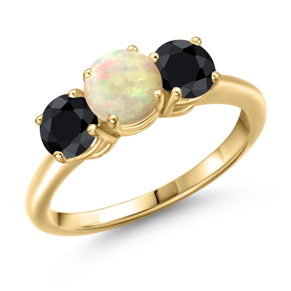 Gem Stone King 18K Yellow Gold Plated Silver White Ethiopian Opal and Black Sapphire Engagement Ring for Women | 1.94 Cttw | Round Cabochon 6MM | Gemstone October Birthstone | Size 5