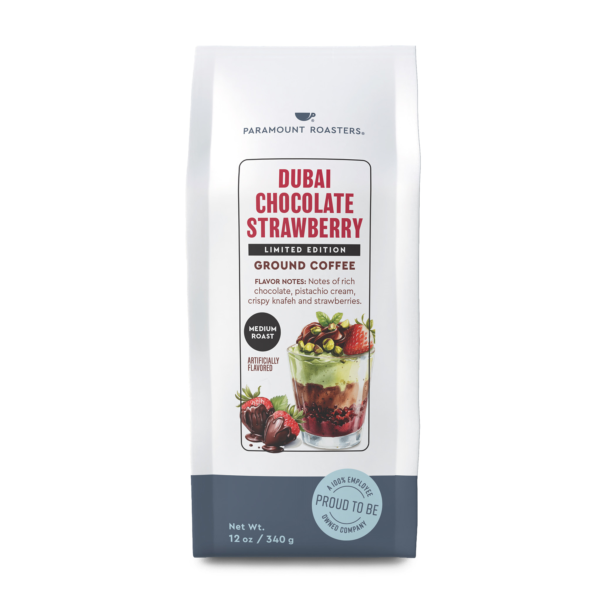Paramount Roasters Limited Edition Dubai Chocolate Strawberry Flavored Ground Coffee, 12oz Bag – Strawberry, Pistachio & Chocolate Medium Roast