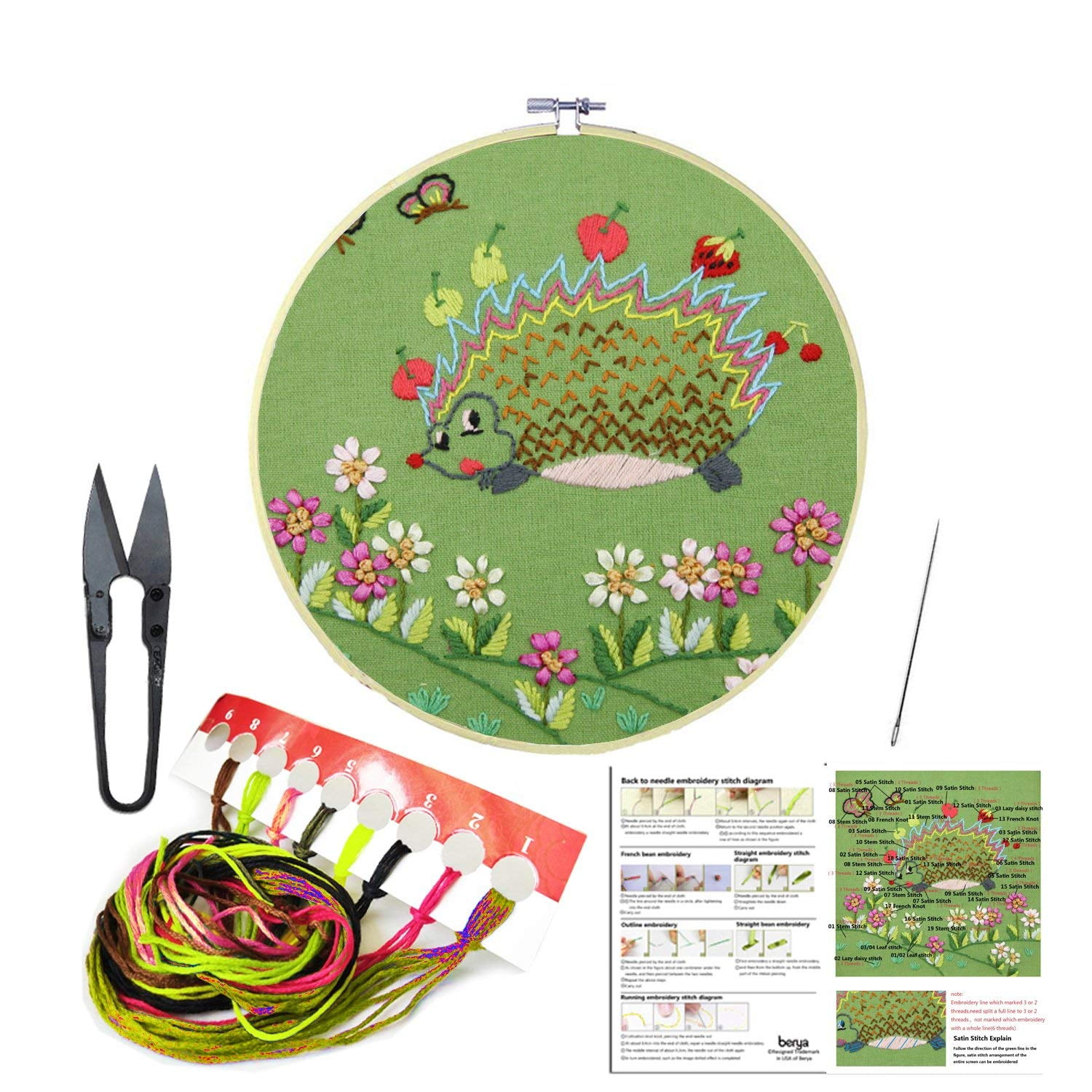 Color Threads Embroidery Kit Bamboo Hoop Cross Stitch Kit Including Embroidery Cloth with Floral Pattern Diagram and Starter Tools Kit
