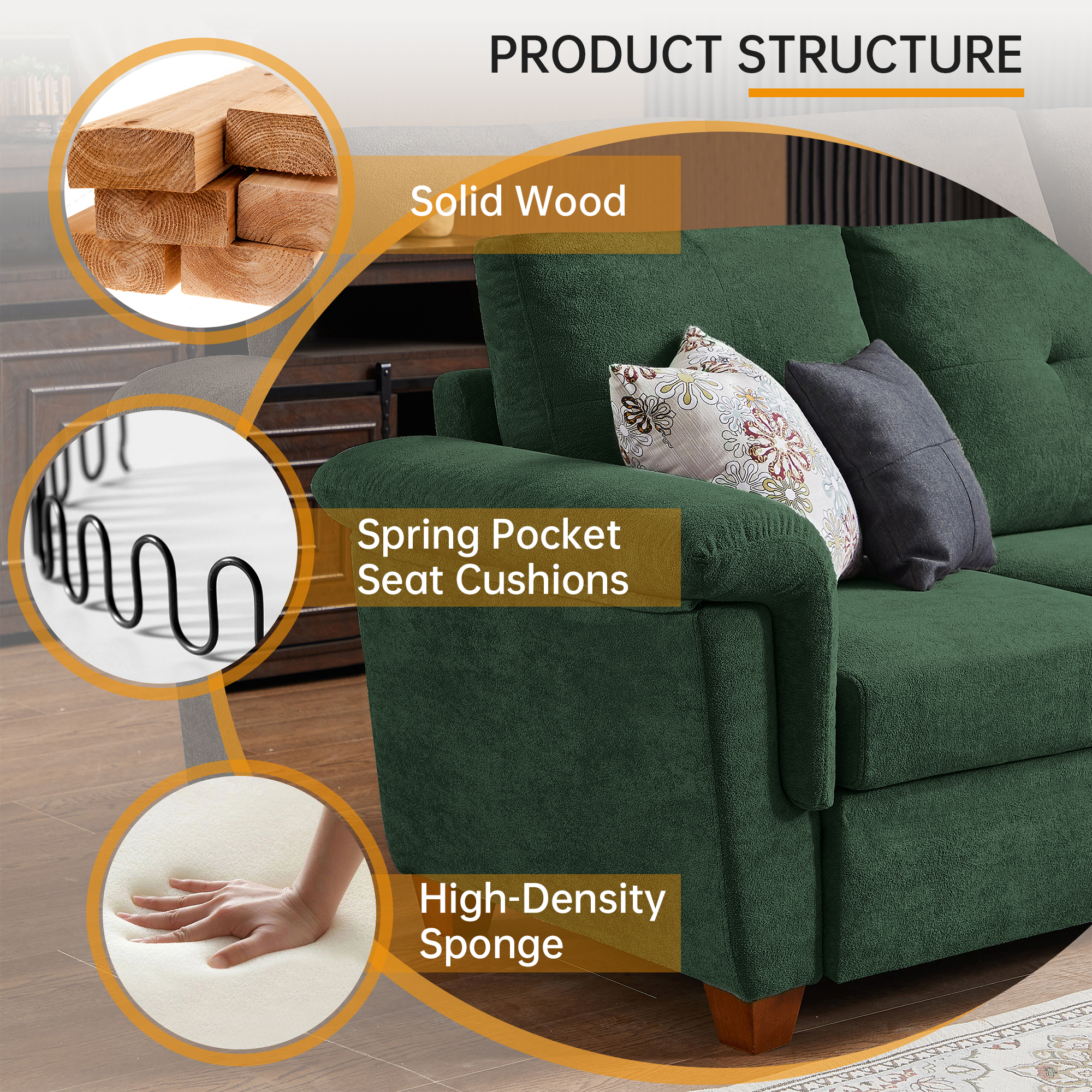 Jarenie HOME Corner Armchair, Convertible Sectional Sofa with Storage, 4 Seat L Shaped Couch, Modern Microfiber Fabric