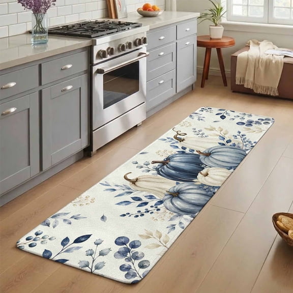 Thanksgiving Washable Runner Rug 1.4x4 ft Fall Farm Harvest Blue White Pumpkin Leaf Berry Non-Slip Hallway Runner Rug, Linen Kitchen Runner Mats, Indoor Floor Carpet for Entryway Bedroom Living Room