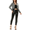 thumbnail image 2 of INSPIRE CHIC Women's  Metallic Long Sleeve Stand Collar Zipper Cropped Bomber Jacket L Silver, 2 of 7
