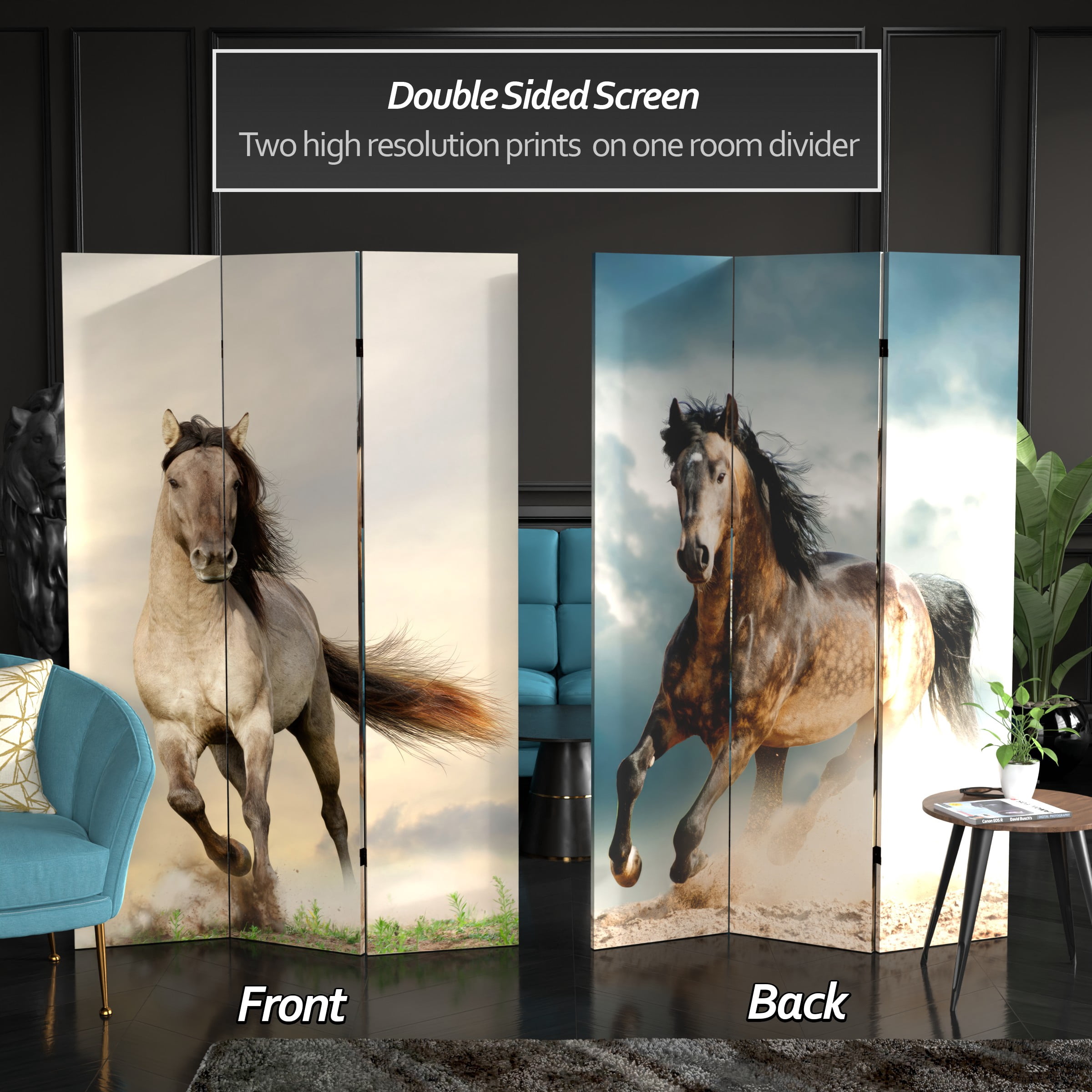 Oriental Furniture 6 ft. Tall Galloping Horses Canvas Room Divider - 3 Panel