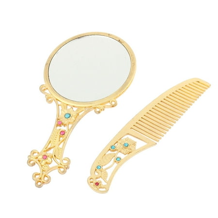 - Unique Bargains Flower Shaped Handheld Beauty Makeup Cosmetic Compact Mirror Comb Set Gold Tone