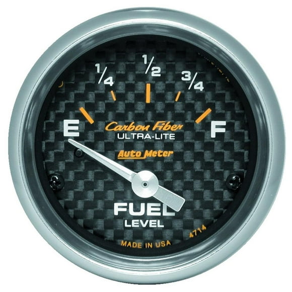 AutoMeter Gauge Fuel Level 4714 Carbon Fiber; 2-1/16 Inch; Short Sweep Electric; Analog; 0 Ohms Empty/90 Ohms Full; Carbon Fiber Face/Chrome Bezel/Chrome Needle; Incandescent Around The Dial
