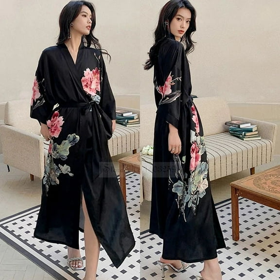 Black Print Flower Long Robe Nightgown Spring Summer Half Sleeve Kimono Bathrobe Gown Women Sexy Rayon Home Dress Loungewear (Black Long Robe 2,One Size)