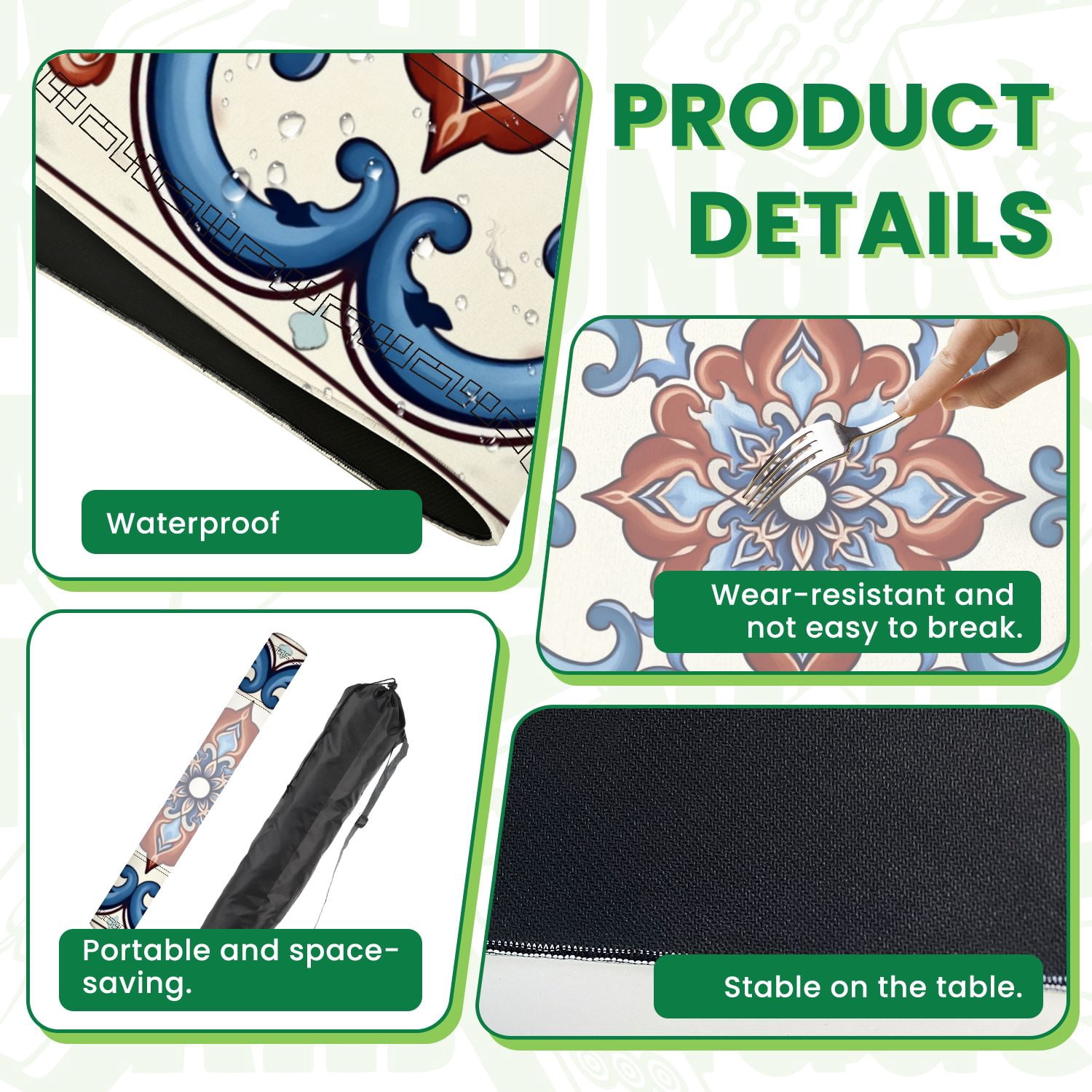 Mahjong Mat 31.5" x 31.5" Ornamental Geometric Tile Blue Terracotta Floral Motifs Non-Slip Noise Reduction American Mahjong Tiles Table Cover for Dominoes Poker Card Board Games Gift