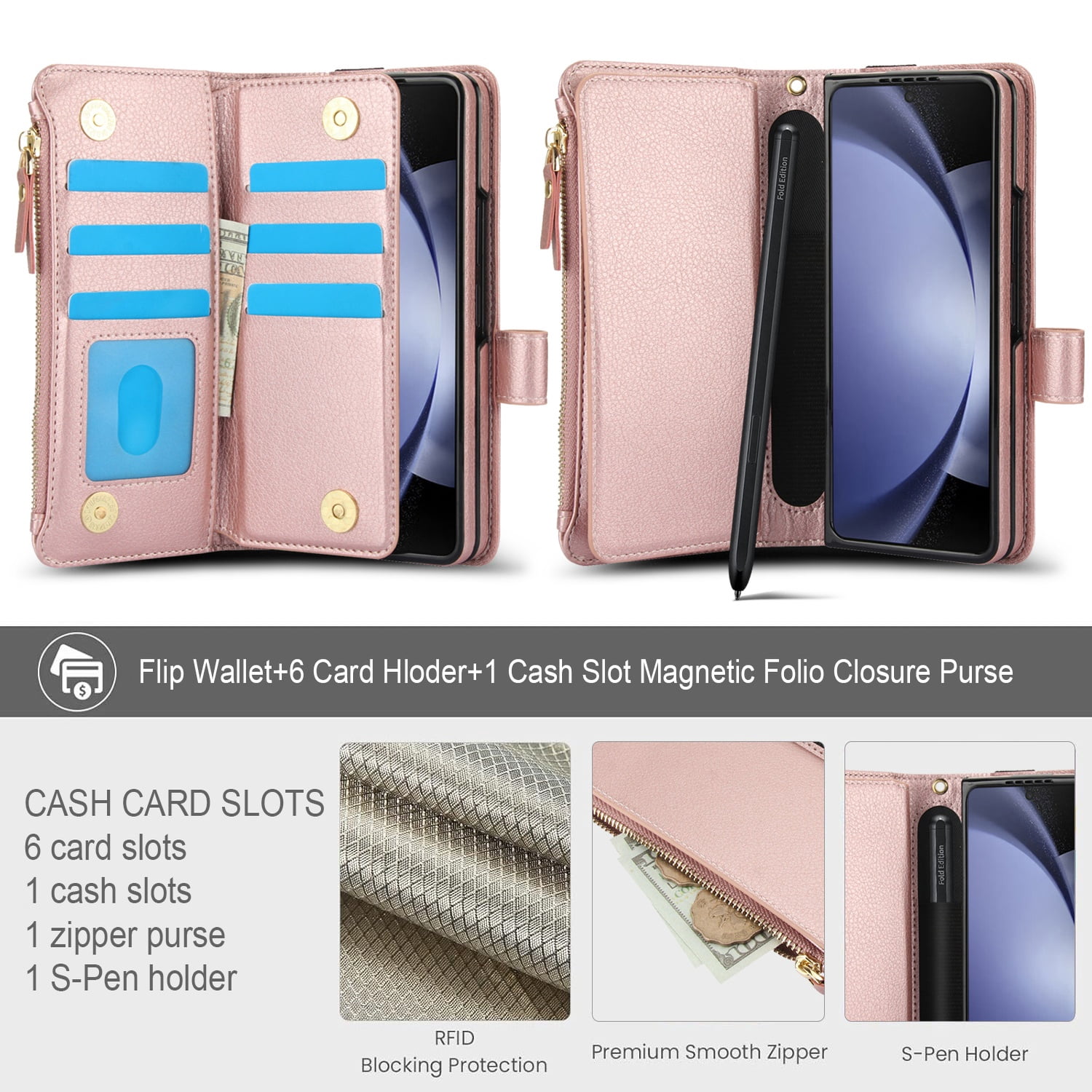 Allytechgroup for Samsung Galaxy Z Fold 7 Case Wallet, 7 Cards Slots Cash Zipper Pocket S Pen Holder Hand Strap Wrist Flip Cover Protective Phone Case for Samsung Galaxy Z Fold 7,Rosegold