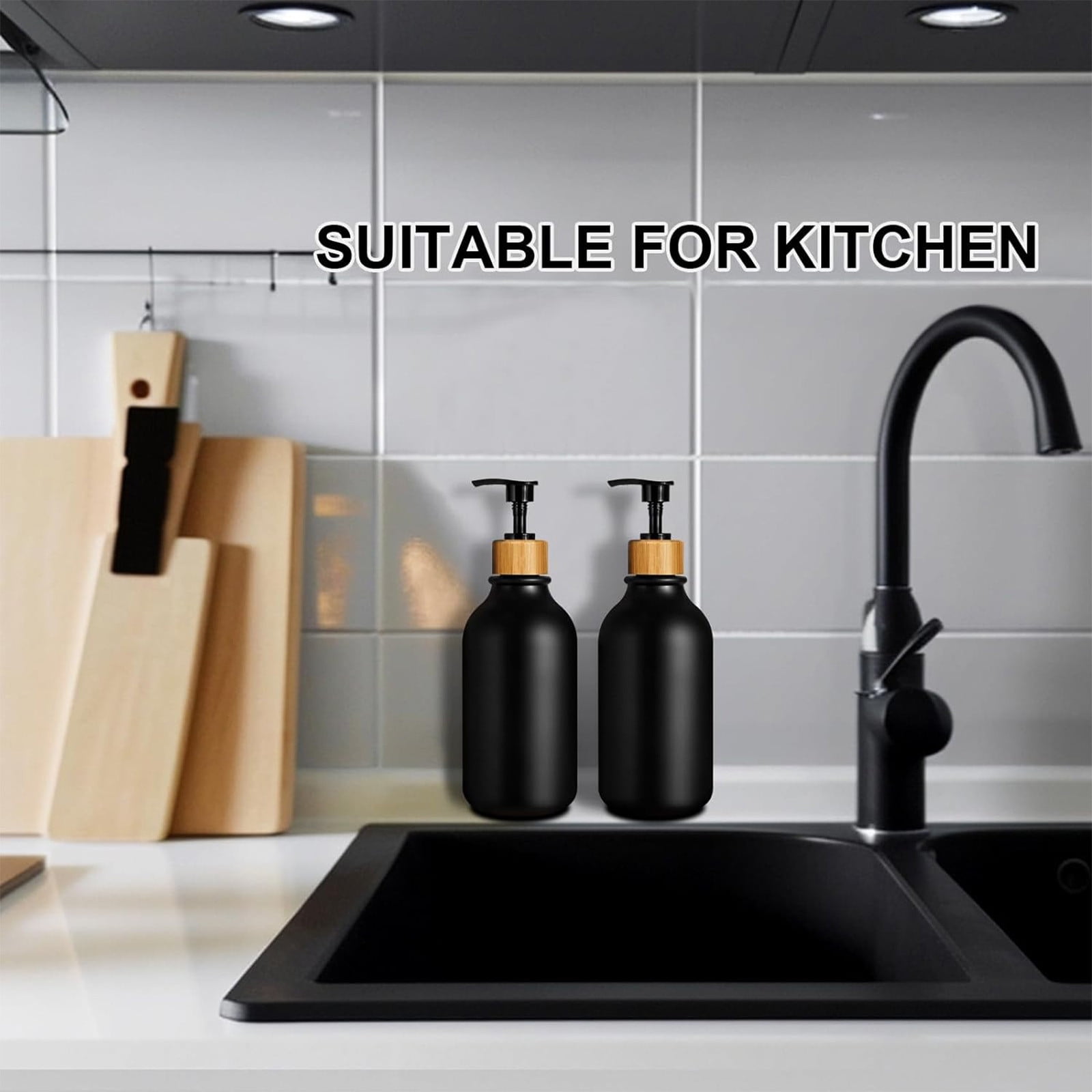 Black Soap Dispenser, 2 Pack Hand Soap Dispenser Bathroom with Bamboo Pump, 15 Oz Plastic Hand and Dish Dispenser Set for Kitchen, Refillable Liquid Soap and Lotion Dispensers Bottle