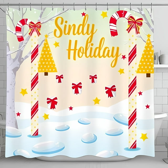 Whimsical Winter Shower Curtain with Candy Canes Christmas Trees and Festive Design - Sindy Holiday