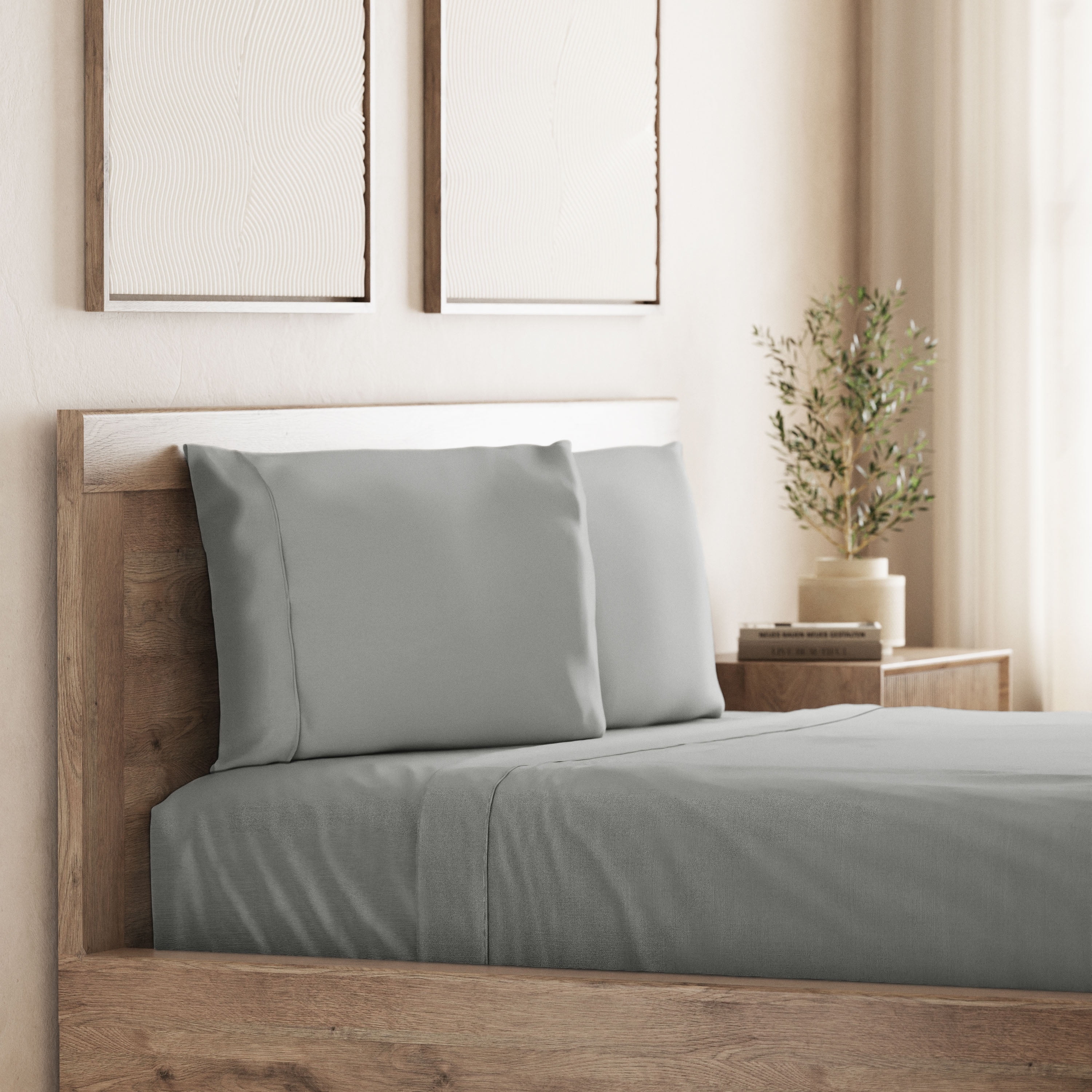 Seed & Stone Recycled Cotton Percale Bed Sheet Set, Soft, with Deep Pockets, Full, Gray, 4-Piece