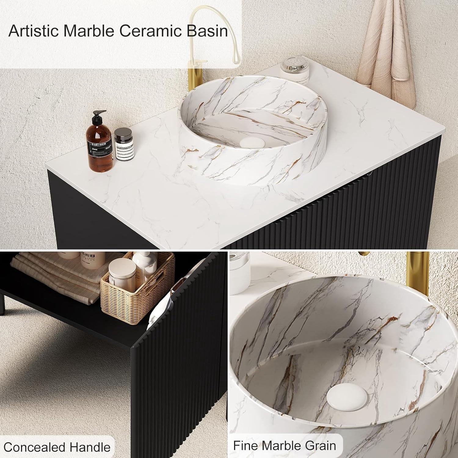 30" Bathroom Vanity with Sink, Modern Bathroom Vanities with Durable Marble Ceramic Basin and Sintered Stone Countertop, Soft Closing Doors, Freestanding Bathroom Cabinet, Black