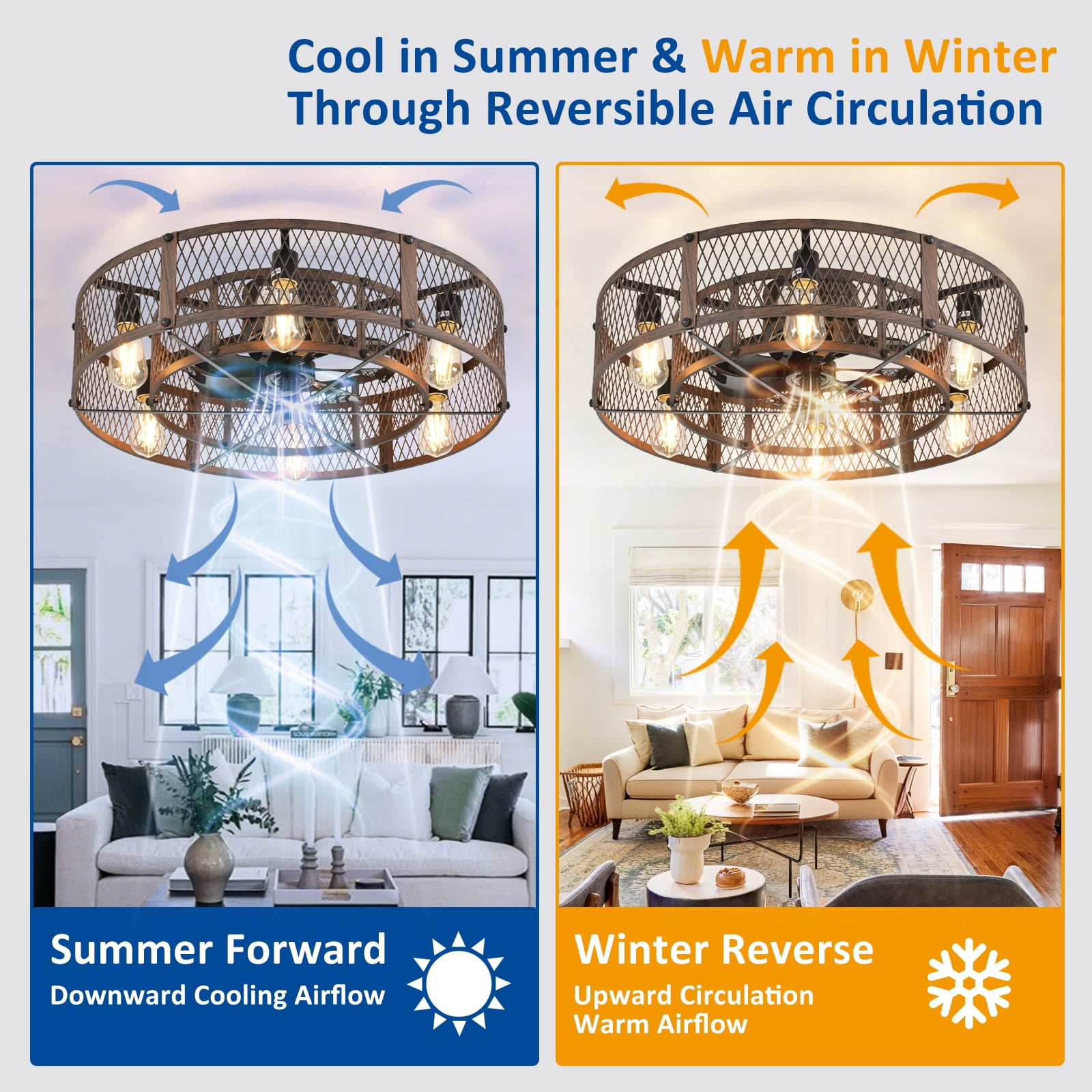26-Inch Farmhouse Caged Ceiling Fan with Light, Reversible Ceiling Fan with Remote Control Quiet DC Motor 6 Speed Timer E26 Bulbs Not Included Brown