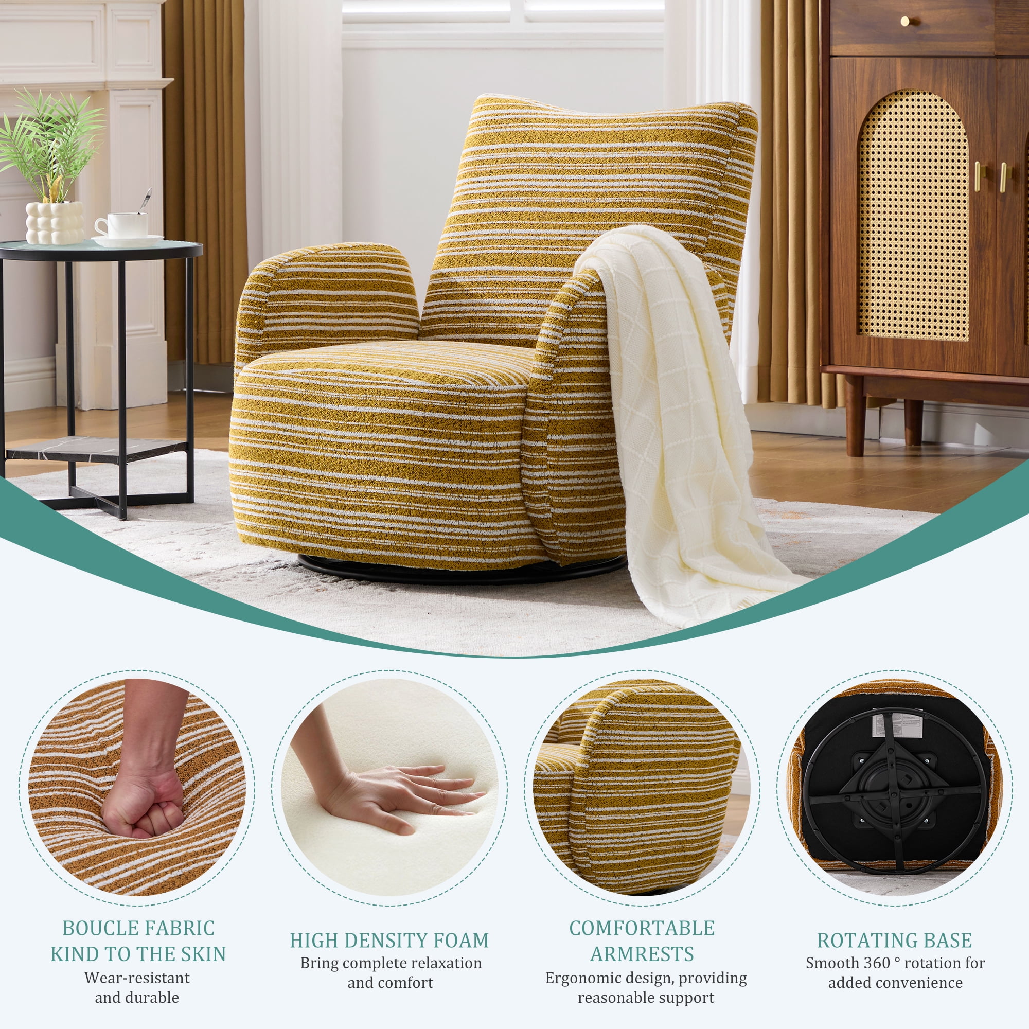 MOONMISS Boucle Upholstered 360°Swivel Fabric Striped Armrest Leisure Chair for Living room-Yellow