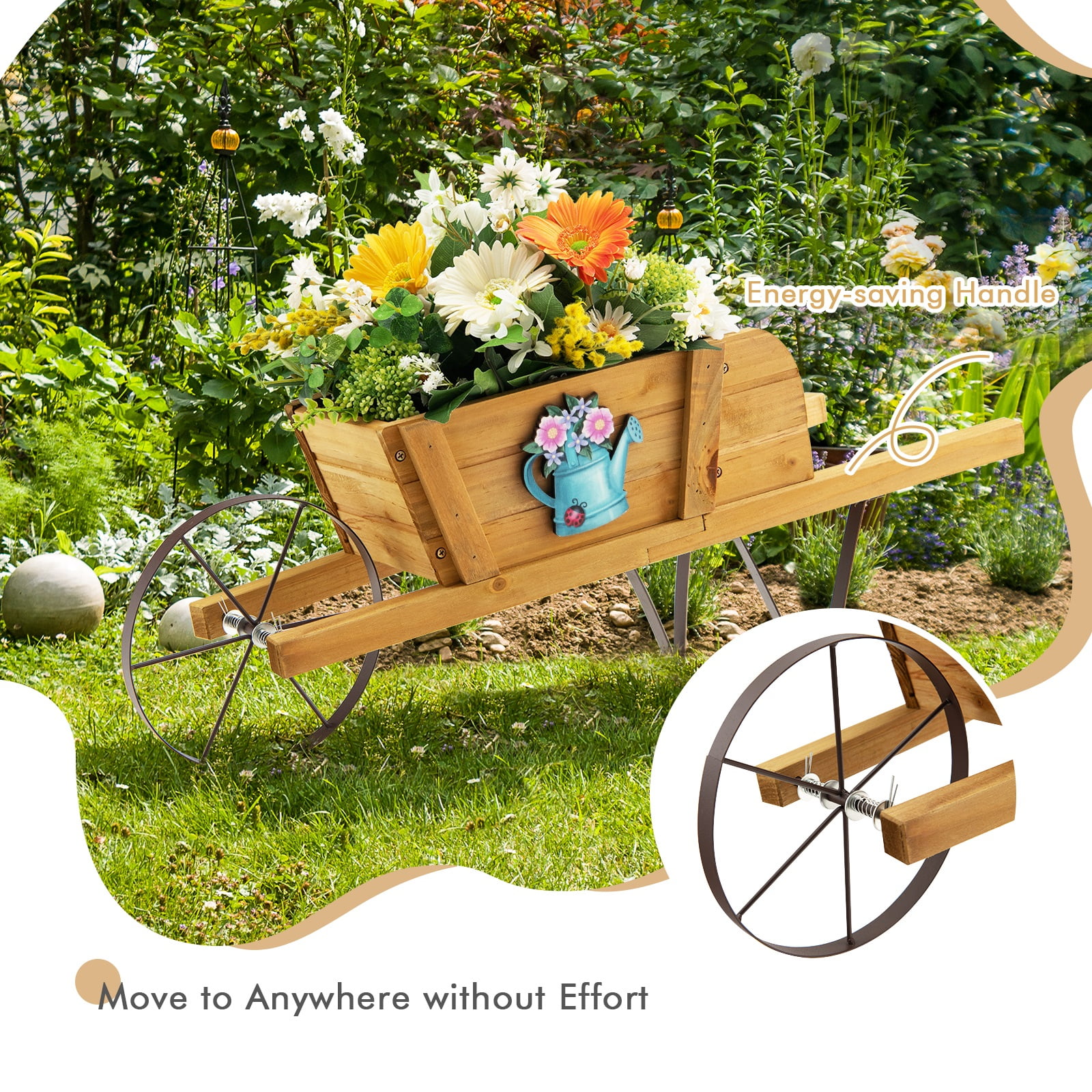 Topbuy Flower Pot Wheelbarrow Planter Solid Pine Wood Wagon Planter w/ Triangular Metal Support 2 Energy-saving Handles Movable Whee Walnut