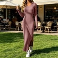 thumbnail image 5 of Ashyfjp Dresses for Women Casual Solid Color Vertical Ribbed Collared Long Sleeve Midi Dress with Side Split Hem, Stretchy Fitted Casual Wear, Size (S-XXL), 5 of 6