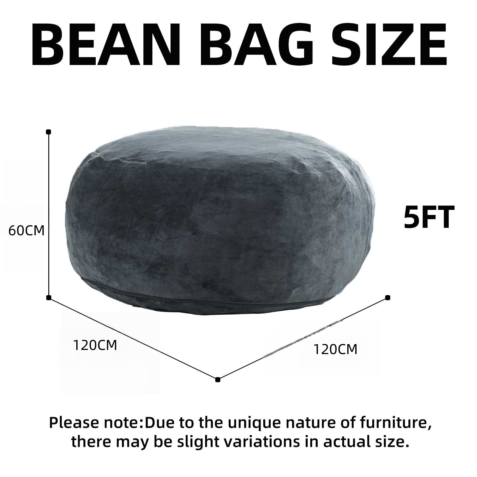 Bean Bag Chair, 5FT Memory Foam Filling Adult and Teen Sofa Chair, Soft Round Sofa with Removable Flannel Cover, for Living Room Bedroom and Dorm, Dark Grey
