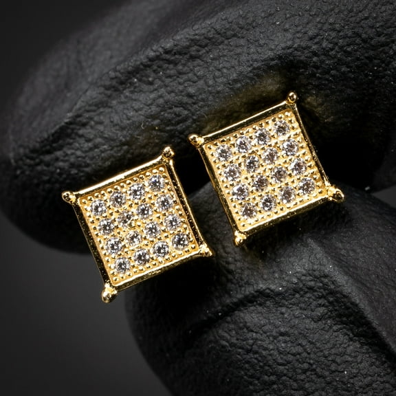 Small Gold Plated Iced Micro Pave Square Hip Hop Screw Back Stud Earrings