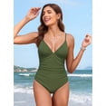 thumbnail image 3 of MOYIKO One Piece Swimsuits for Women Tummy Control Bathing Suit Ruched Sexy V Neck Green Slimming Swimwear, 3 of 7