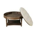thumbnail image 6 of Hassch 31.49" Farmhouse Style Round Ottoman Coffee Table with Storage, Linen Upholstered Button Tufted Footrest Ottoman with Wood Storage Shelf, for Living Room, Warm Grey+White, 6 of 9