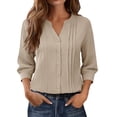 thumbnail image 3 of Endives Womens Tops Cotton Linen Button Down Shirts V Neck Pleated Casual Loose Blouses Roll Up Sleeve Shirt Spring Summer, 3 of 6