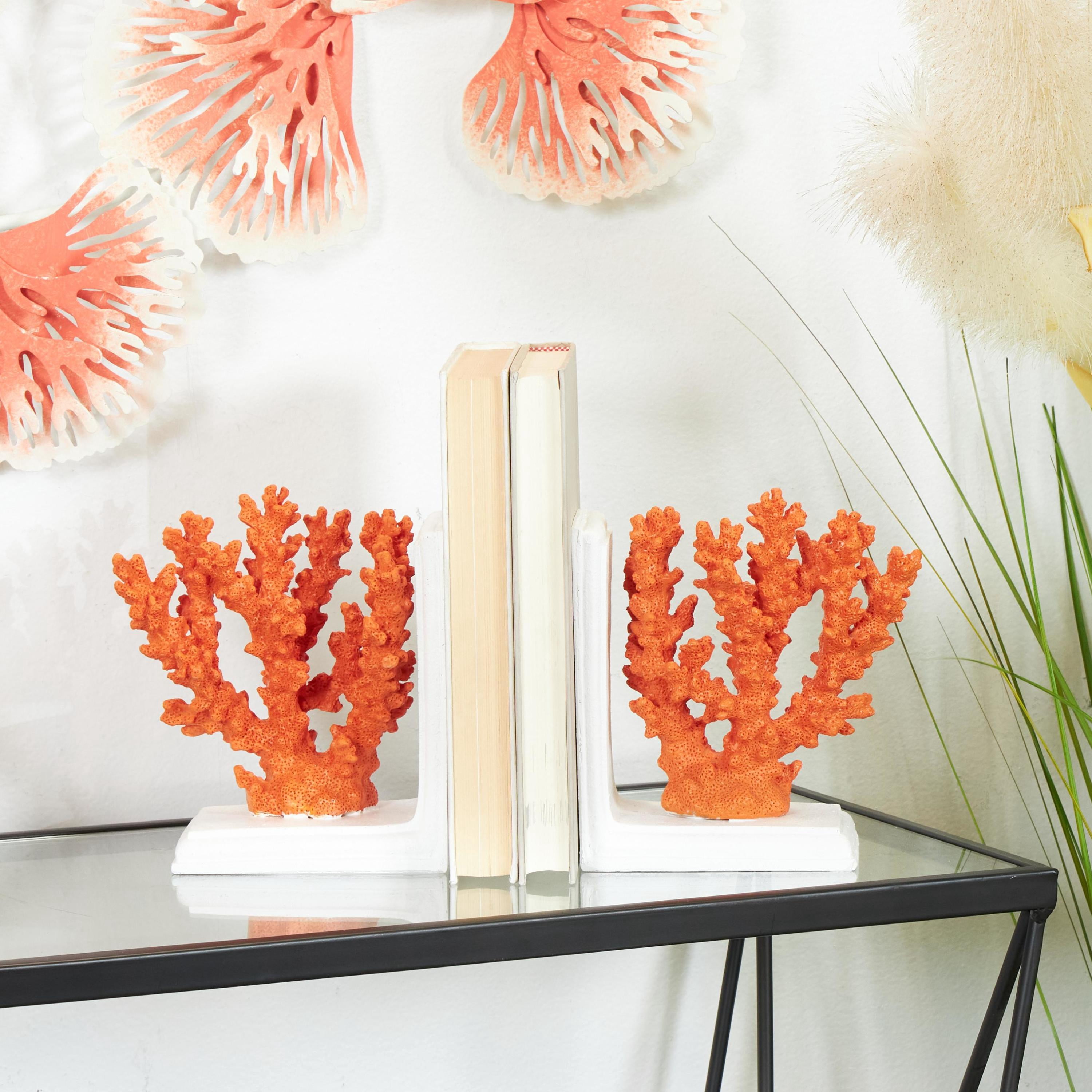 DecMode 6" Textured Coral Orange Polystone Bookends with Cream Base (Set of 2)