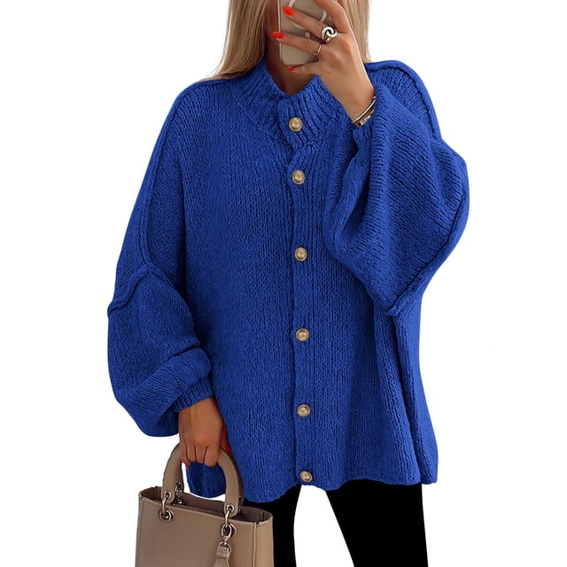 Suéter PRETTYGARDEN con Botones, Cuello Simulado y Mangas Farol en Azul M