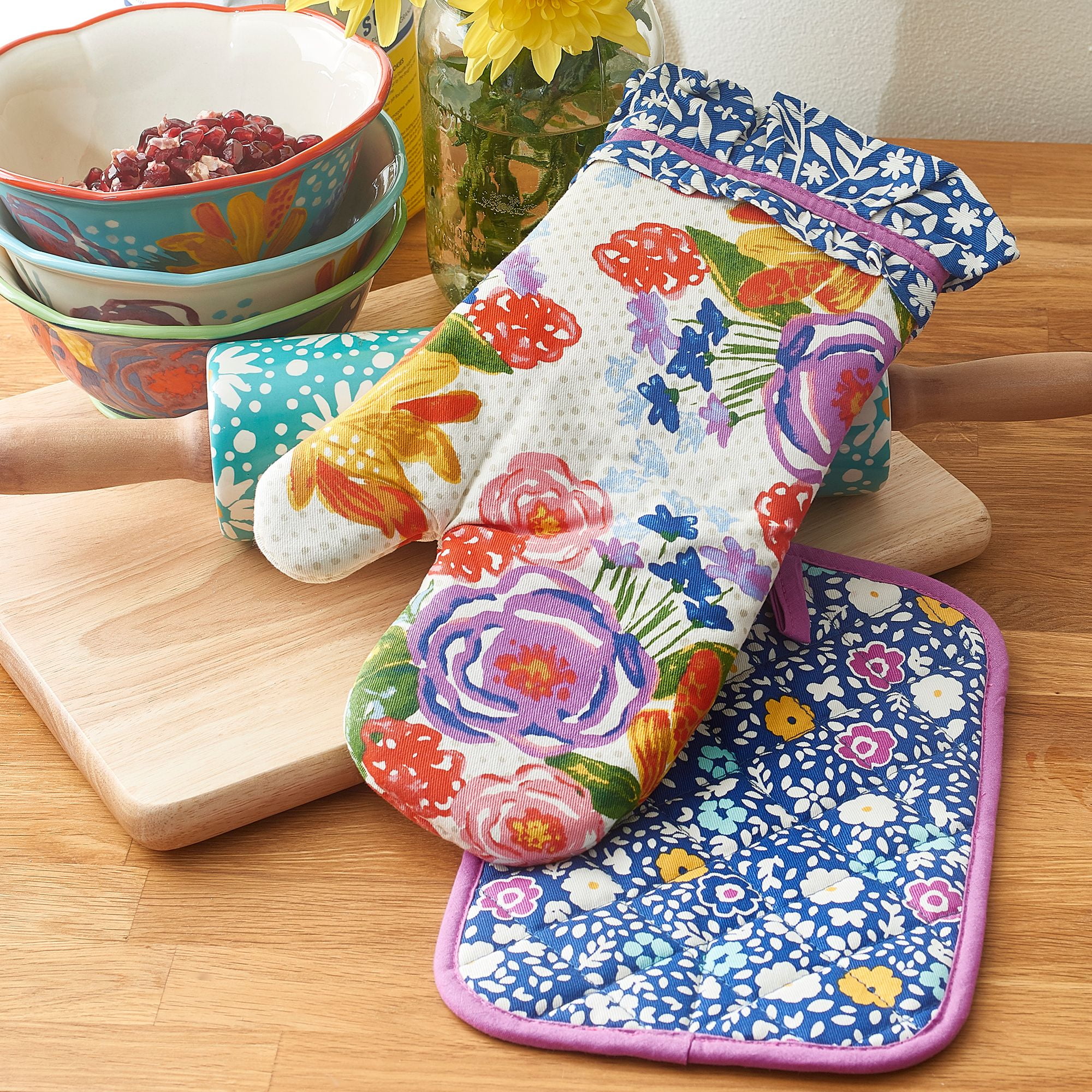 Pioneer Woman Oven Mitt Potholder Set Willow Floral Print New 