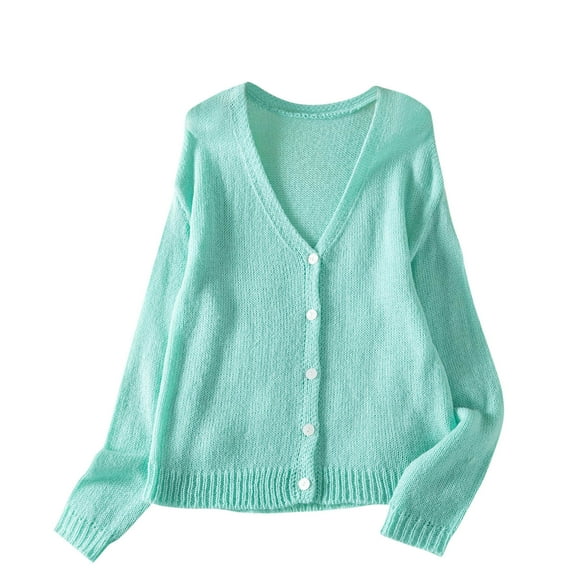 Htigea Women's Button Down Cardigans Knit Long Sleeve V-Neck Sweaters Lightweight Fall Everyday Tops Light Blue S
