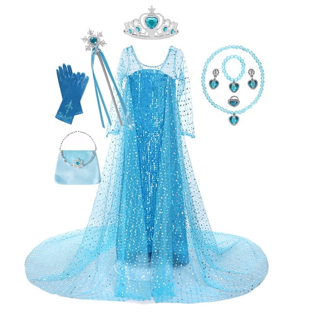 Disney Frozen Girls Elsa Cosplay Princesa Vestido Lentejuelas Disfraz Snow Queen Fiesta de cumpleaños de Halloween Prom Ropa para niños con Cloak4T (Etiqueta 120) Gao Jinjia LED