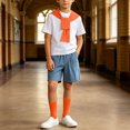 thumbnail image 4 of Daiosportswear Boys 4 Piece Summer Outfit Set, Crew Neck Tee Detachable Shawl Pocket Denim Shorts Knee High Socks for 3-16Y Orange 9-10 Years, 4 of 9