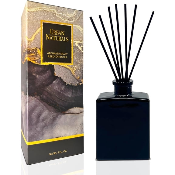 Smoked Vanilla Reed Diffuser Set with Bean, Sandalwood & Leather – 5 Ounce Sleek Black Rectangular Refillable Glass Bottle Made in The USA