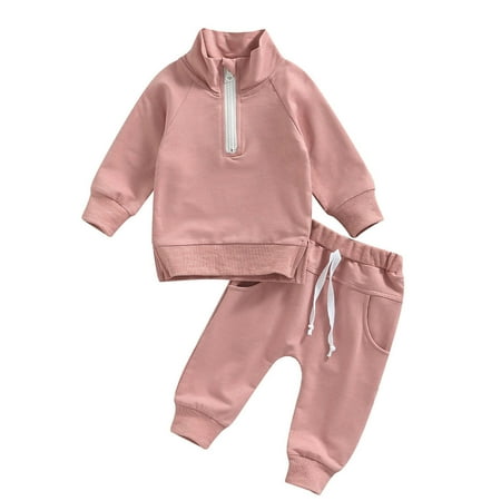 

EHTMSAK Newborn Infant Toddler Baby Kids Children Child Girl Half Zip Up Sweatshirt and Pants Set Outfits Long Sleeve Clothing Set Pink 0-3Y 90