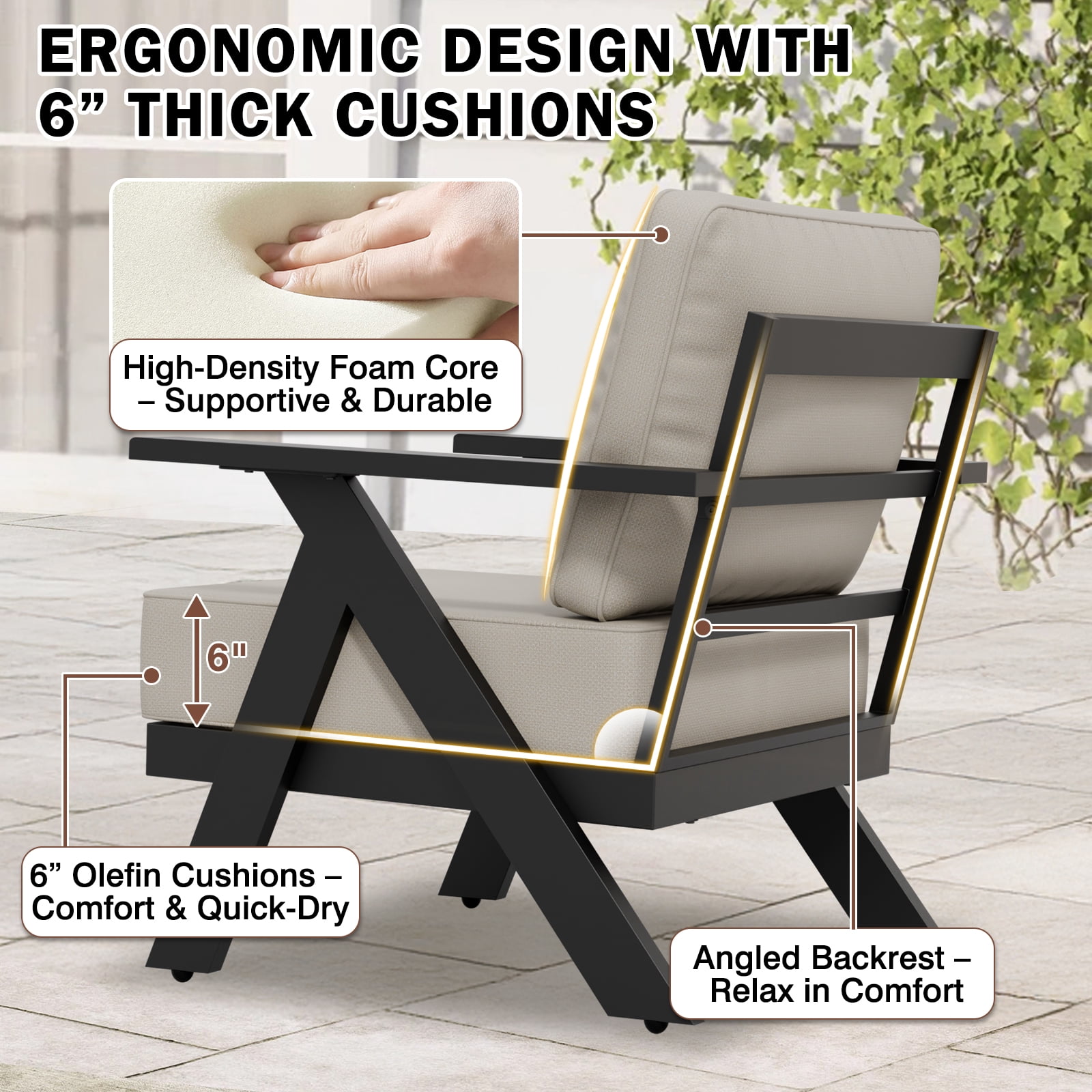 EAGLE PEAK Urban Slate Modern Patio Accent Chair Set of 2 with Thick Cushions，Black/Beige