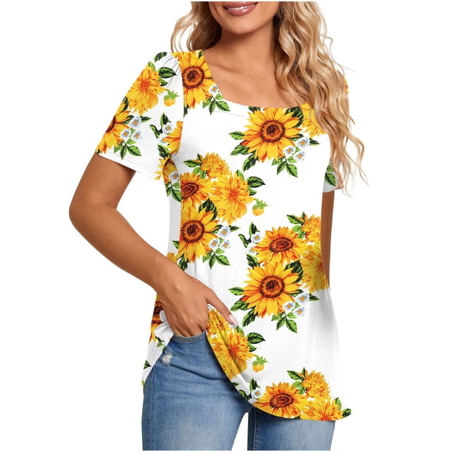 Camisetas informales de verano para mujer, cuello cuadrado, manga corta, túnica, blusas sueltas y cómodas OAVQHLG3B Store lin121212