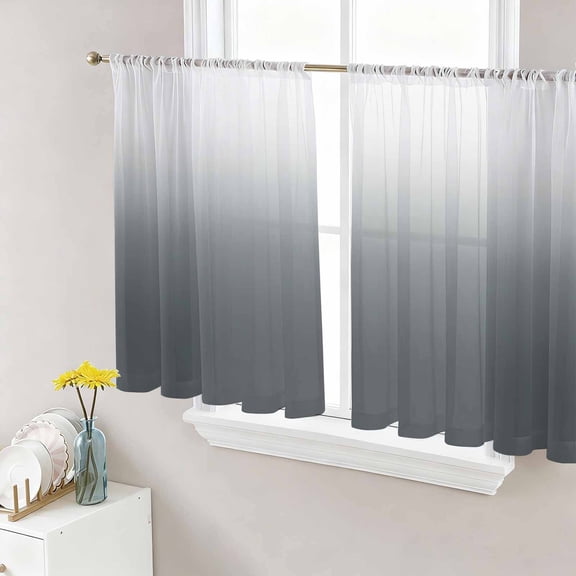 Grey Ombre Semi Sheer Window Curtains 45 Inches Long, Gray White Gradient Modern Abstract Art Rod Pocket Voile Silky Chiffon Curtain Light Filtering Drapes for Living Room, Kitchen, 52"x45", 2 Panels