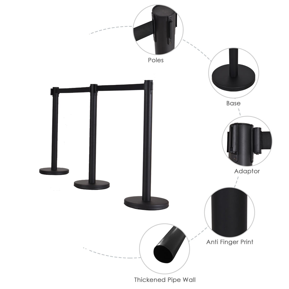 8Pcs Stanchion Post Crowd Control Barriers Queue Pole w/ Retractable Belt Black 