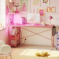 thumbnail image 2 of Bestier Reversible LED Computer Desk 63" Gaming Desk with Power Outlet 4 Tier Shelves Pink Carbon Fiber, 2 of 10