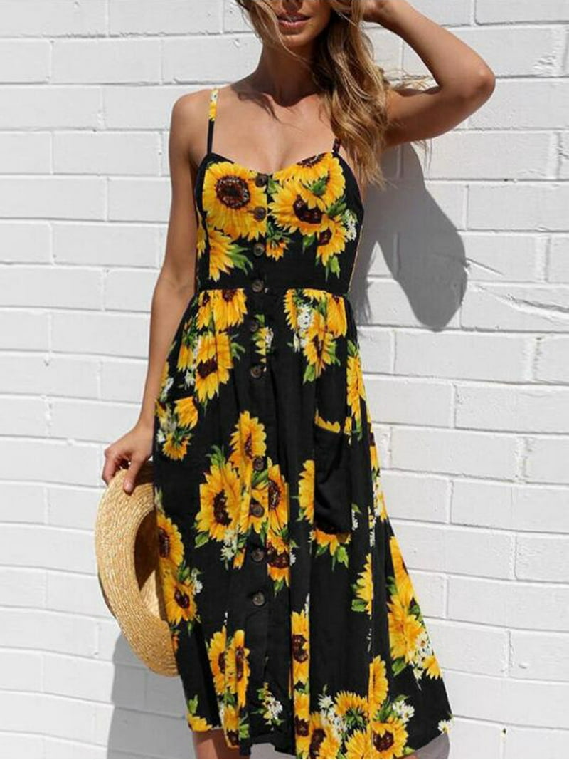 【ytp2000】Sunflower-Printed Midi Dress Sunflower Pattern Dress, Ankle-length Slip Dress (all-over